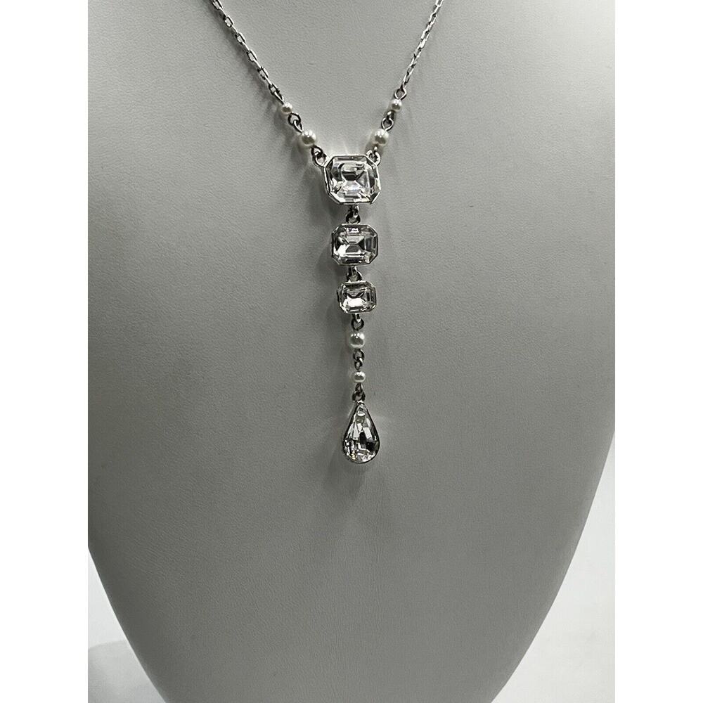 Givenchy Vintage Silver Tone Sparkling Rhinestone Faux Pearl Y Drop‎ Necklace - Picture 13 of 14